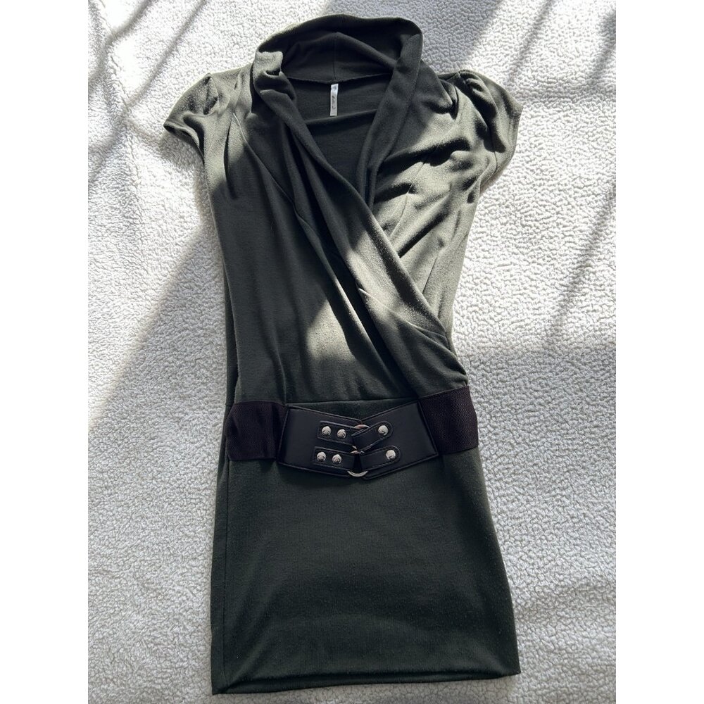 Bella D Short Sleeve Wrap Cowl Neck Belted Knit Mini Dress Dark Green Size S
